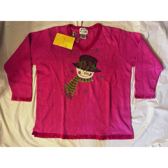 Vintage Quacker Factory Pink Snowman Beaded/Sequin Christmas V-Neck Sweater - 1X - Picture 15 of 16